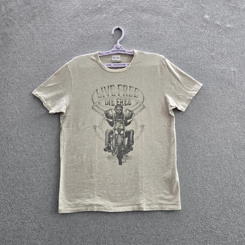Lucky Brand Men Shirt M Beige Graphic Motorcycle Rider Biker Grunge READ